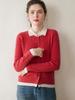 Women's Colorblock Cable Knit Cardigan with Faux Two-Piece Polo Neck Sweater
