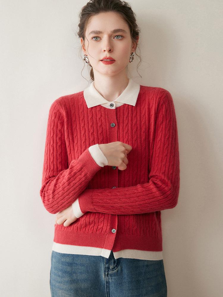 Women's Colorblock Cable Knit Cardigan with Faux Two-Piece Polo Neck Sweater