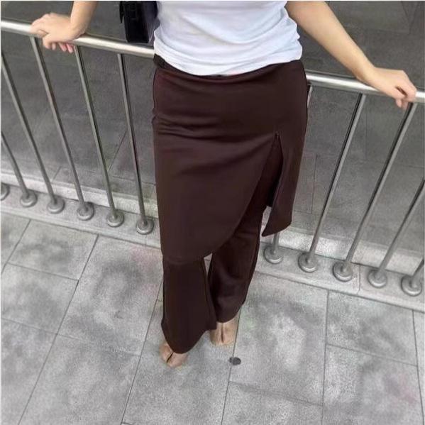 Spicy Girl Autumn 2023 Merlot Knit Slit Culottes: Women's Slimming Fake Two-Piece Elastic Micro Flare Pants