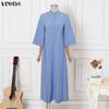 VONDA Elegant Women Batwing Sleeve Belt Waist Casual Loose Maxi Dress