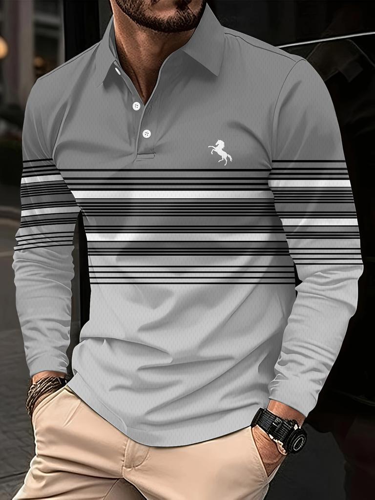 Men's spring and autumn long-sleeved shirt polo men's business casual lapel striped top polo
