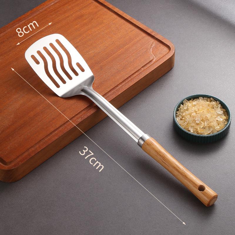 Stainless Steel Cookware Set: Spatula, Soup Ladle, Slotted Spoon with Orange-Brown Wood Handle.