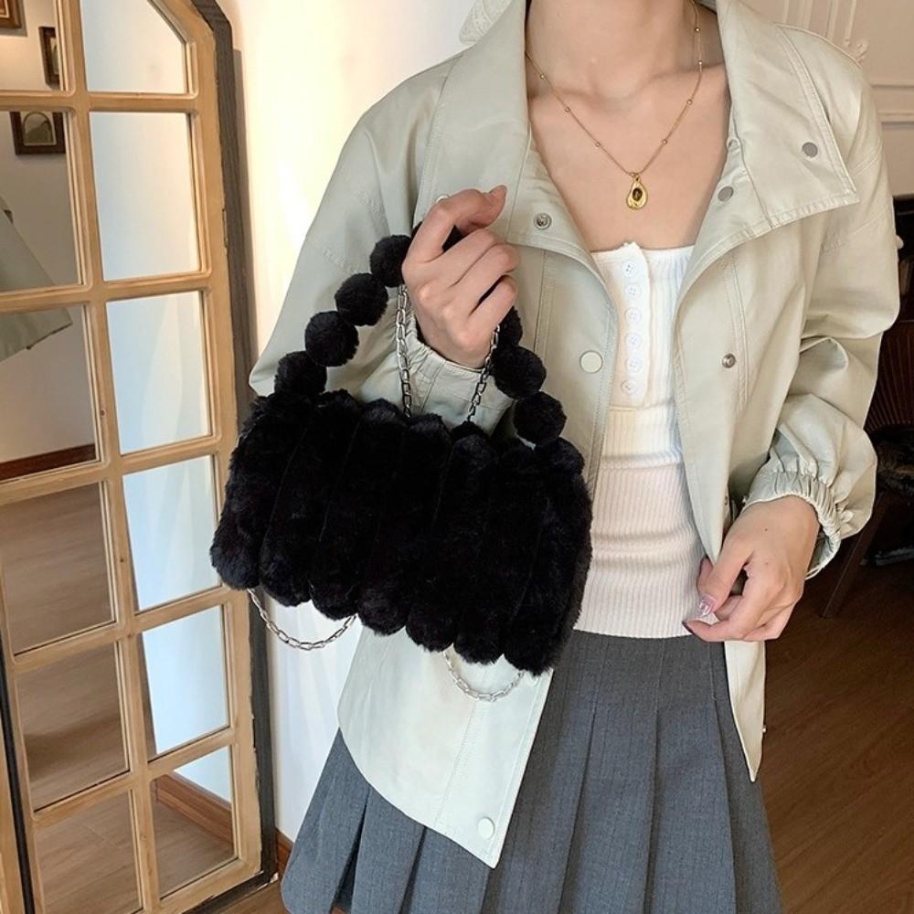 Casual Furry Handbag Zipper Large Capacity Crossbody Bag Stripe Soft Commuting Handbag Travel