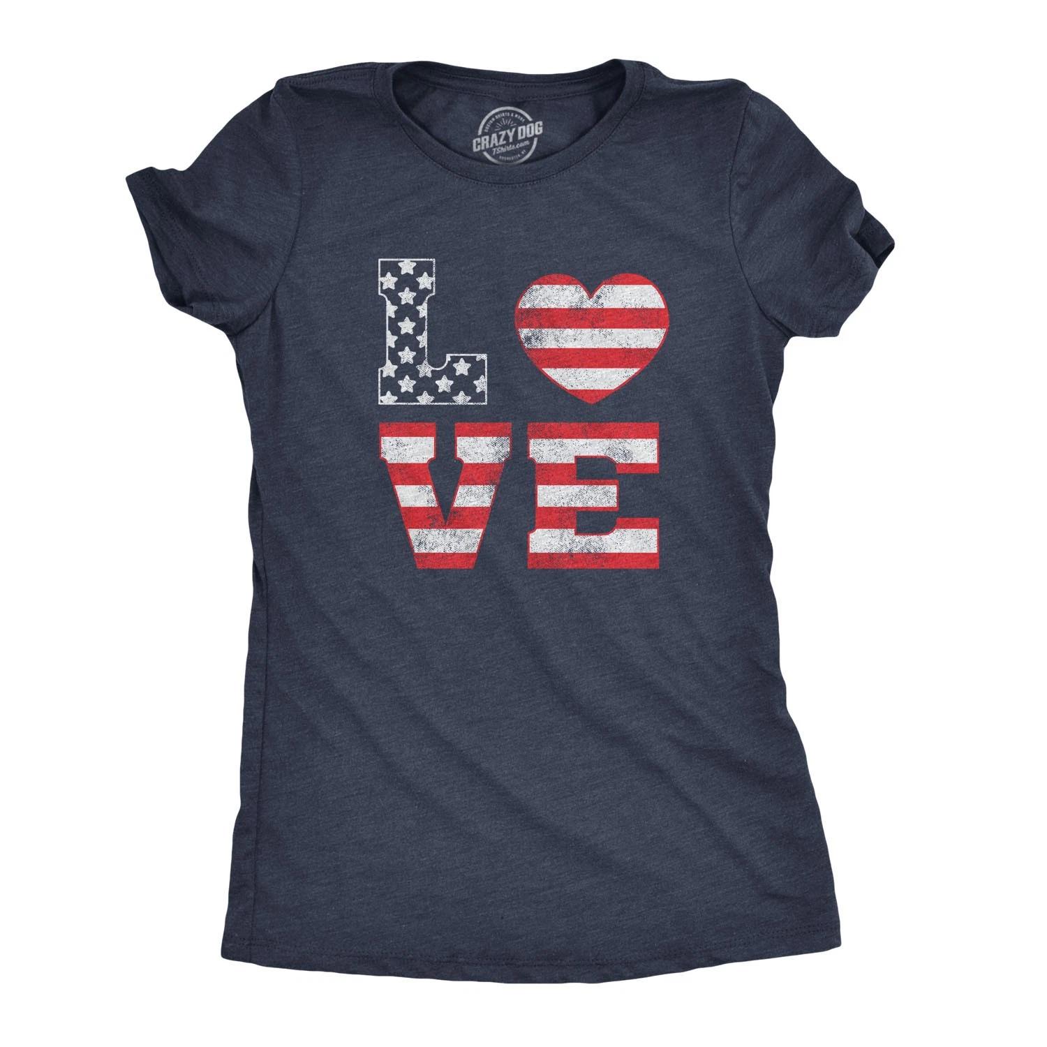 Womens Love American Flag T Shirt Cute Patriotic Red White and Blue Tee XL