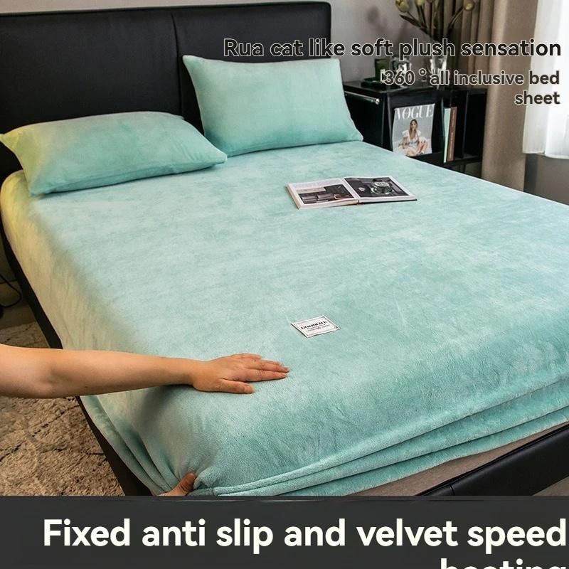 Yumuşak Sıcak Peluş Fitted Sheet Elastik Yatak Örtüsü Kabarık Mercan Polar Yatak Örtüsü Kış Çift Lüks Çift Kişilik Yatak Örtüsü