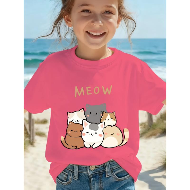 European Size Girls Round Neck Short Sleeved T Shirt with Cartoon Cat Pattern