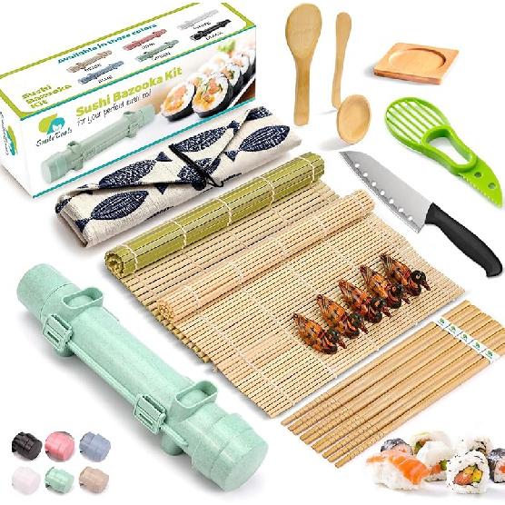 Sushi Making Kit, 22 in 1 Sushi Roller Sushi Maker Kit with Bamboo Sushi Rolling Mats, Bazooka, Chef s Knife, Chopsticks, Sauce Dishes, Rice