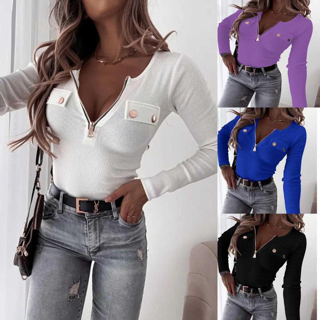 2025 Women's Ribbed Knit Slim-Fit V-Neck Long Sleeve Pullover with Metal Zipper