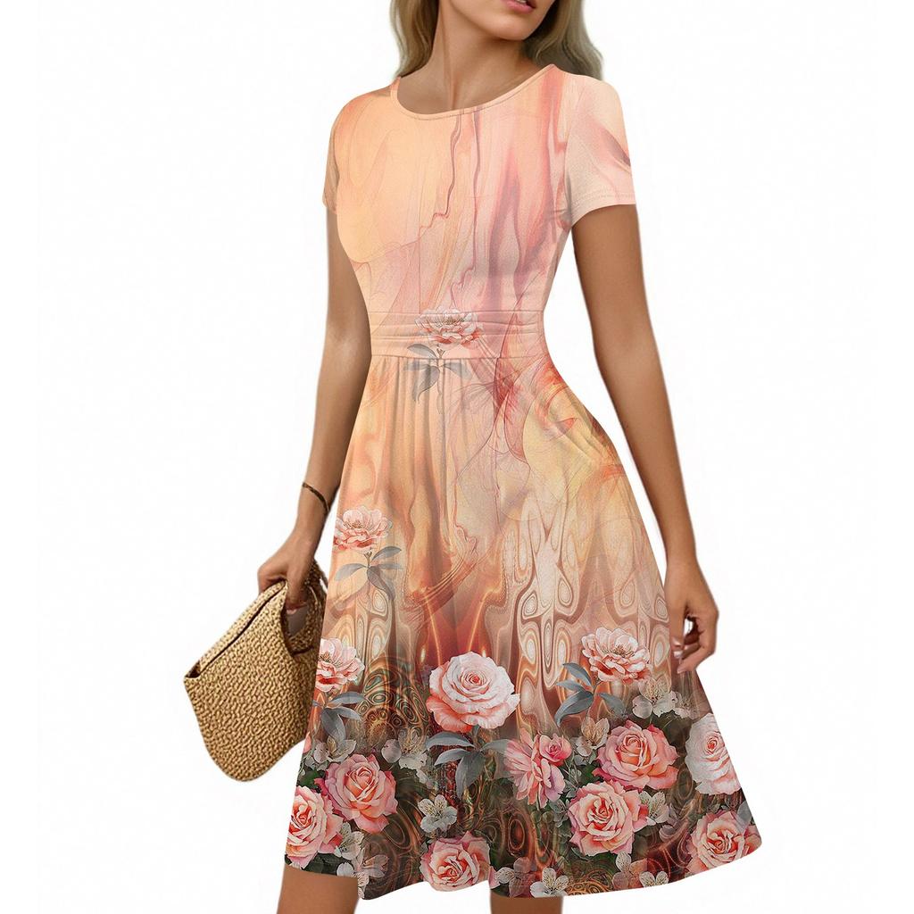 Women's Casual Fashion Round Neck Pleated Short Sleeve Retro Floral A-Line Midi Dress