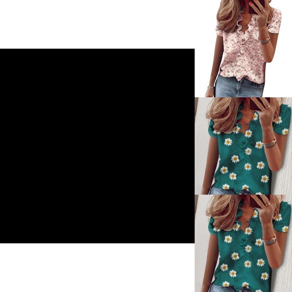 Stylish Women's V Neck Ruffle Short Sleeve T Shirt With Fashionable Daisy Print