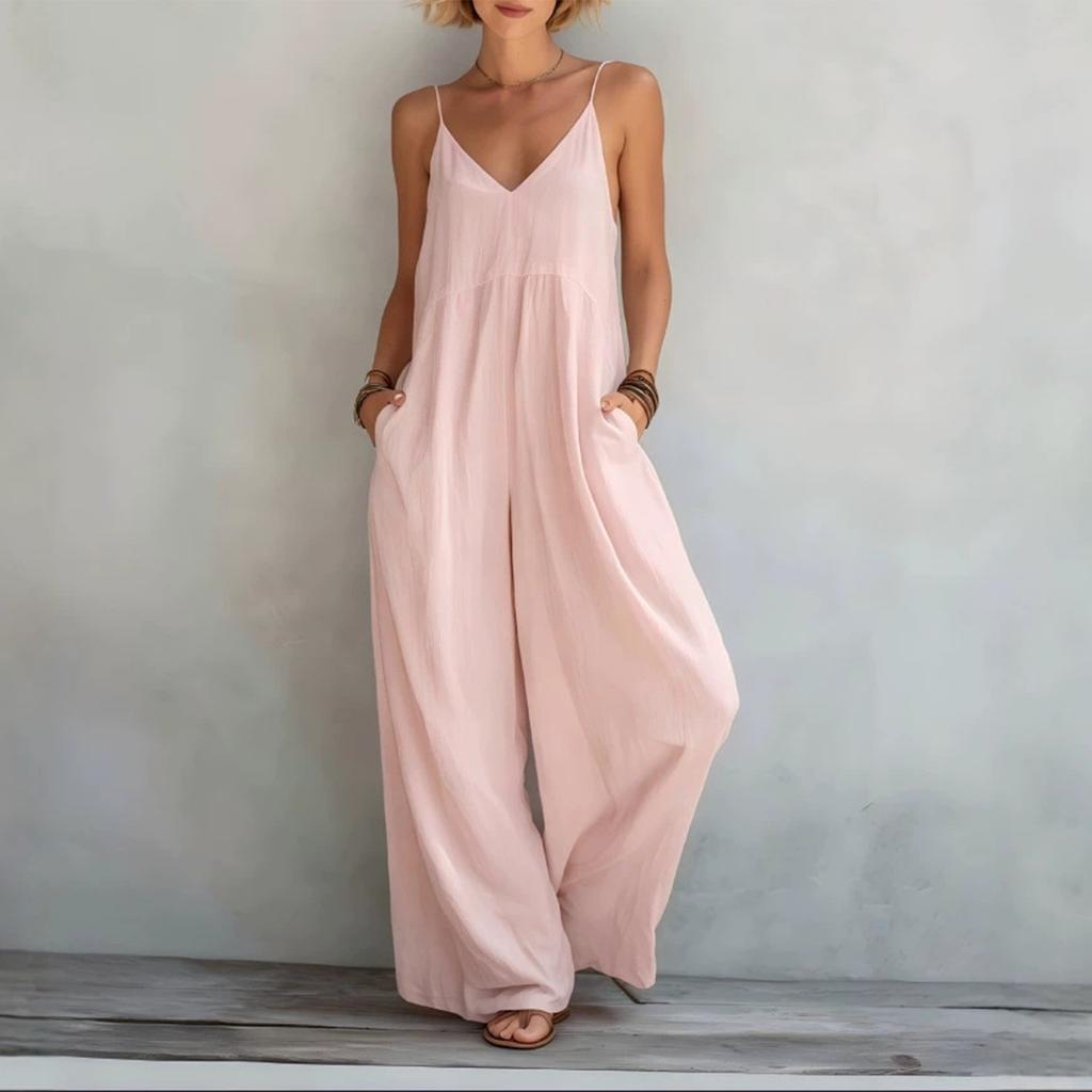 Damen Ärmelloser V-Ausschnitt Weiter Bein Lockerer Jumpsuit Lässiger Sommer-Strampler mit Taschen Leichtes Bequemes Design