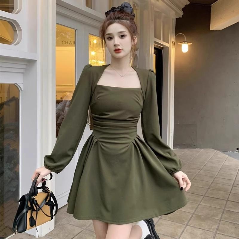 Micro square neck long sleeve dress spring and autumn large size women's clothing retro waist thin a word short skirt