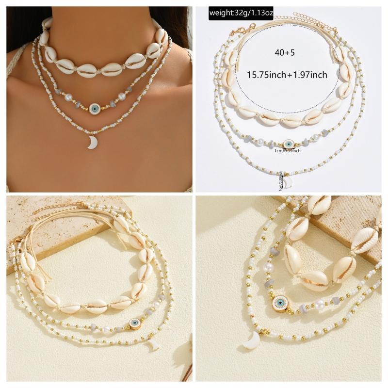 Summer Shell Starfish Conch Pendant Necklace For Women Transparent Crystal Bead Necklace Vacation Style Jewelry Accessory