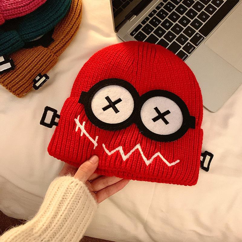 Lustige Niedliche Gestrickte Wollmütze Damen Herbst und Winter Cartoon Warm und Kalt Wollmütze Zeigt Kleines Gesicht