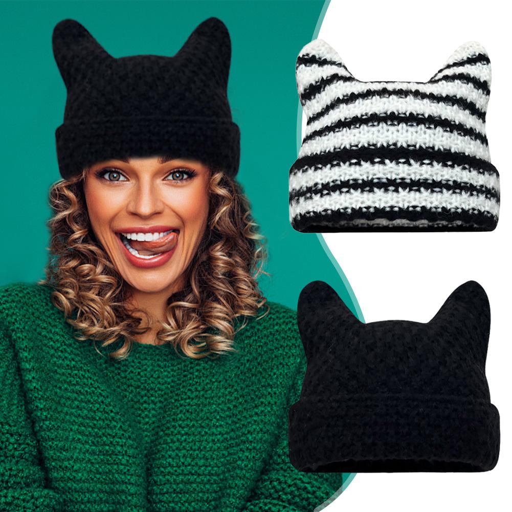 Woman Knitted Cat Ear Little Devil Hat Fashion Handmade Ears Beanie Warm Woman Horn Knit Devil Q4E6