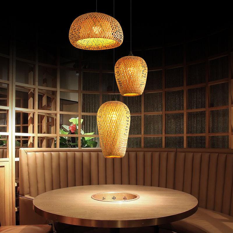 Bedroom Living Room Lantern Chandelier Stairs Retro Rattan Three-Head Hanging Light Bamboo Weaving Combination Creative Lamp