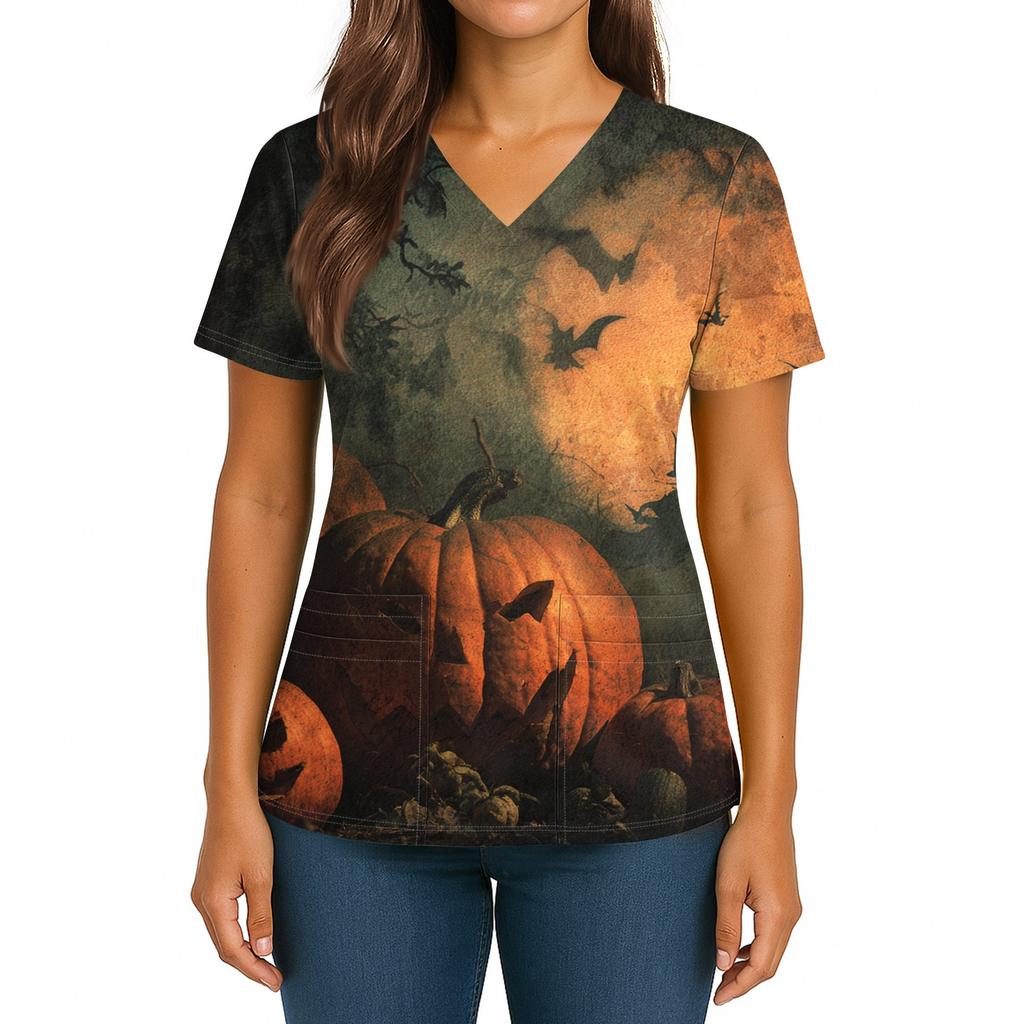 Damen Halloween Bedrucktes V-Ausschnitt Doppel-Taschen Kurzarm Saumschlitz Uniform Pflegekraft Oberteil