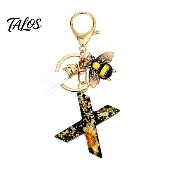Talos Black Series Keychain Pendant, Dried Flower Initial Letter Charm Key Chain with Bee Tassel Design, A-Z Holder for Bag Purse Backpack