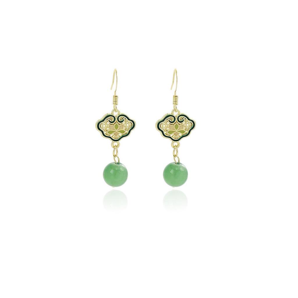 Silver Needle Green Tassel Cheongsam Fan Earrings