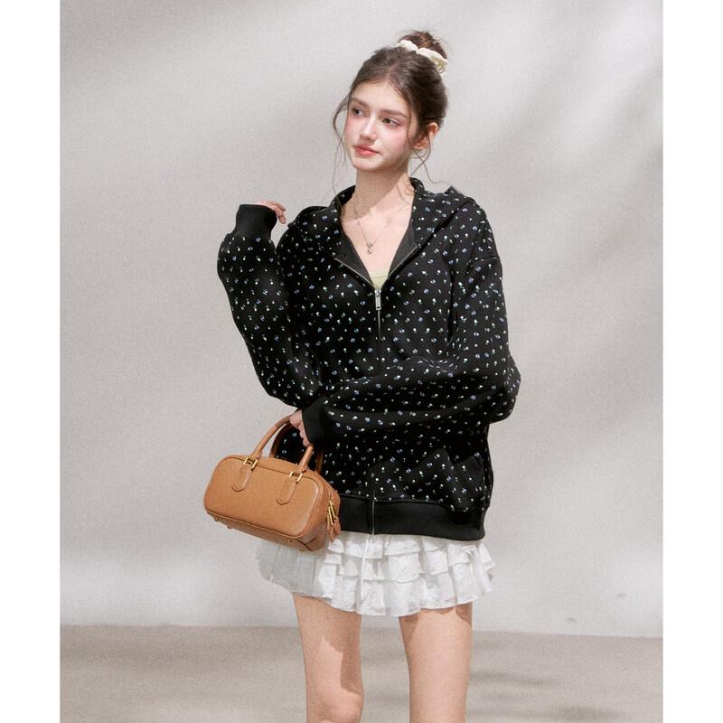 Women s Sweet Floral Hooded Short Cardigan M