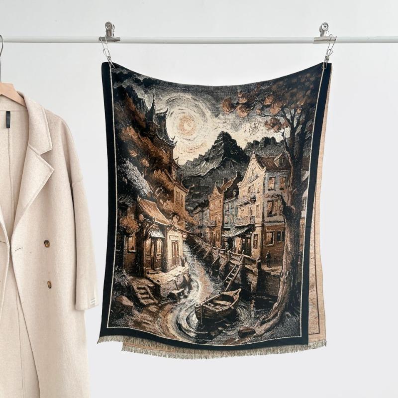 Autumn and winter new double-sided color oil painting series imitation cashmere thickened warm scarf women's air conditioner shawl