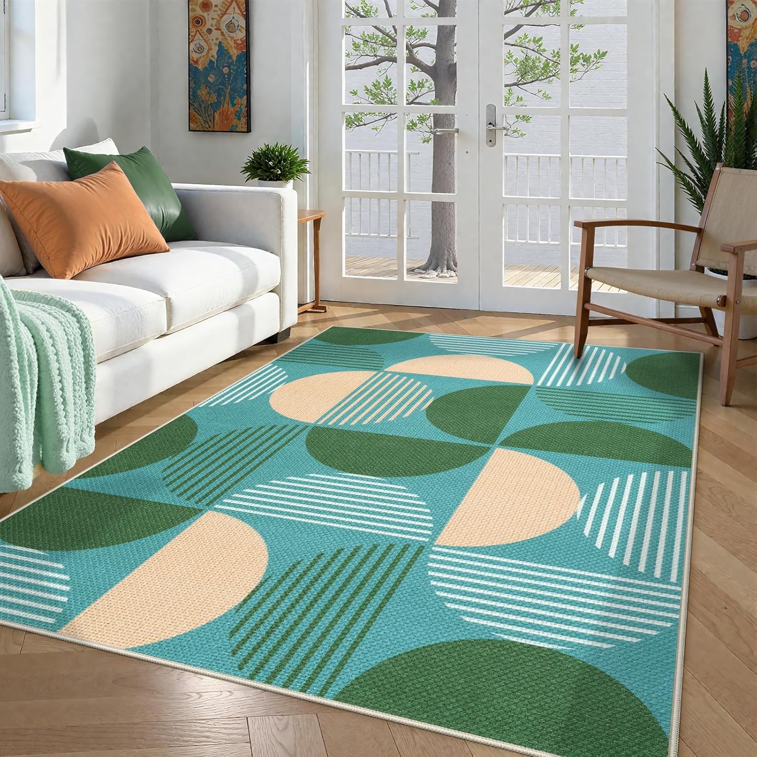 

LEEVAN Easy Jute Rainbow 5x7 Living Room Rugs, Washable Modern Geometric Outdoor Patio Rug Non Slip, Green Abstract Bedroom Rug, 50x80cm