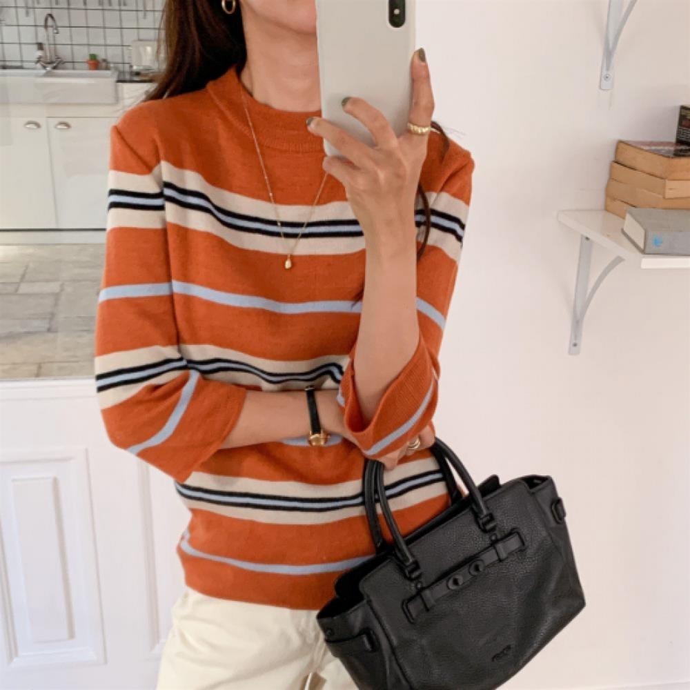 New Arrivals Open Run Women Mock Neck Color Block Stripe 7 8 Sleeve Loose Fit Kn