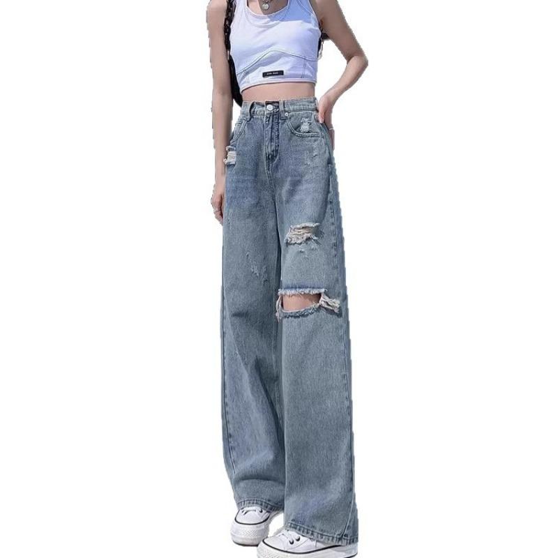 Ripped jeans women's autumn and winter new high-waisted thin straight drape small wide-leg pants tide