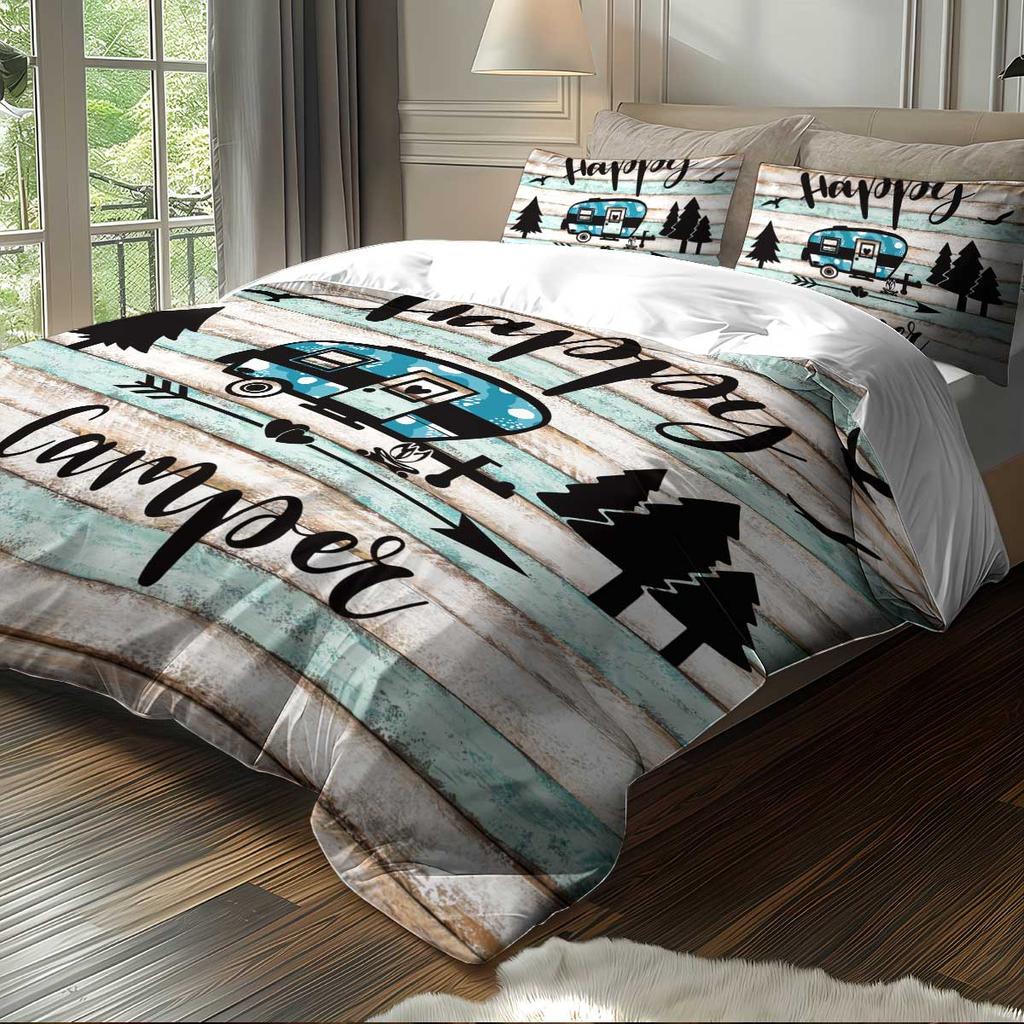 3-piece set,happy camper and forest pattern printed bedding set, queen, king, double bed, party  funny and creative bedding set