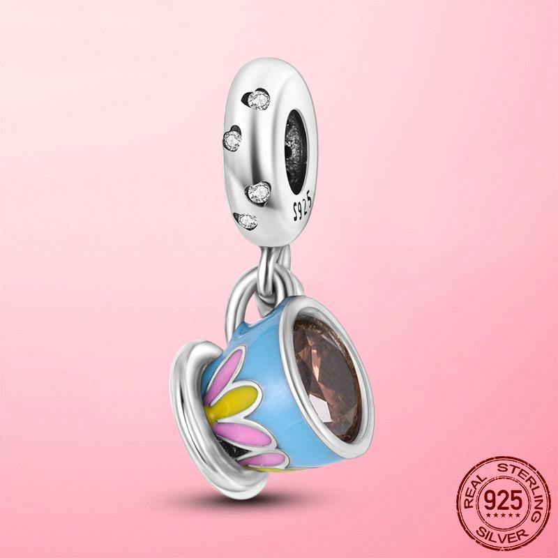 New 925 Silver Snake Coffee Cup Dog CZ Cactus Charms Beads Fit Original Women Bracelet Fine Silver Jewelry Gift