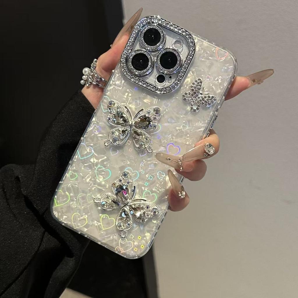 Applicable To Apple 17ProMax Rhinestone Pearl Butterfly Mobile Phone Case iPhone16 Shell Pattern 15 Laser Anti-drop Cover