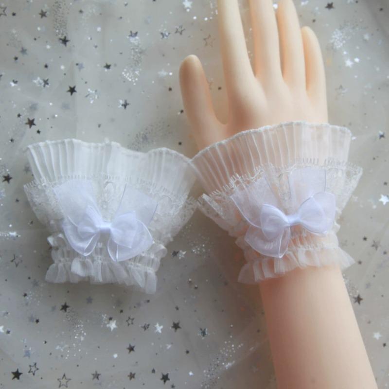 Sweet Lolita Hand Sleeve Cute Fairy Wrist Cuffs Ruffled Bow Lace Pleated Fake Cuffs Decoration Cosplay Accessories