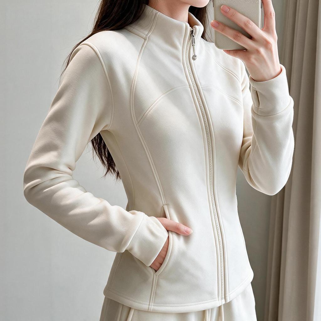 Womens Fleece Hoodie Jacket With Stand Collar And Solid Color For Commuting And Warmth