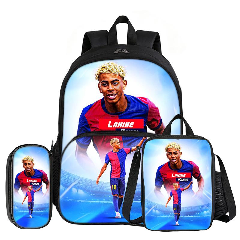 Set de 3 piezas L-Lamin Yamal con Mochila con Bolsillo Frontal Material Escolar Estrella de Fútbol Bolso Escolar, con Bolsa para el Almuerzo, Estuche, Mochila
