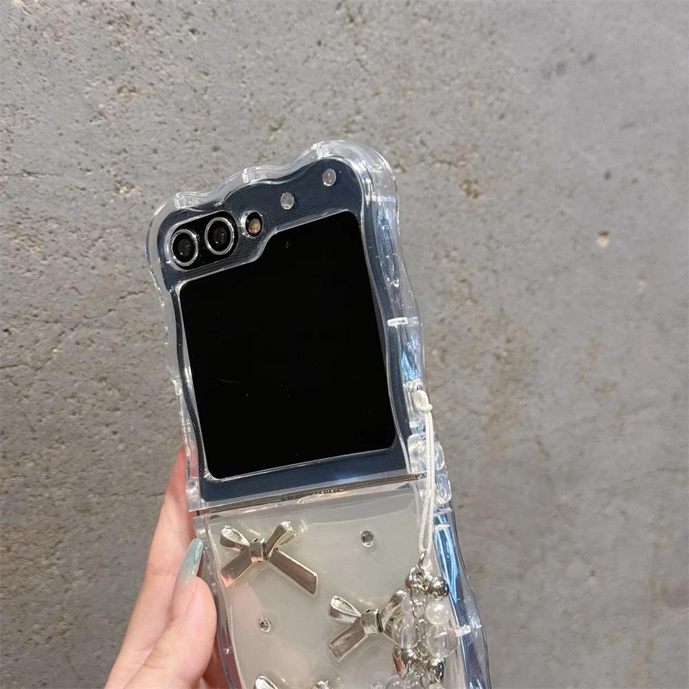 Korean 3D Bowknot Glitter Phone Case For Samsung Galaxy Flip 7/6 Girl Clear Cover Silver Foil Epoxy Shell For Z Flip5 Flip 4/3