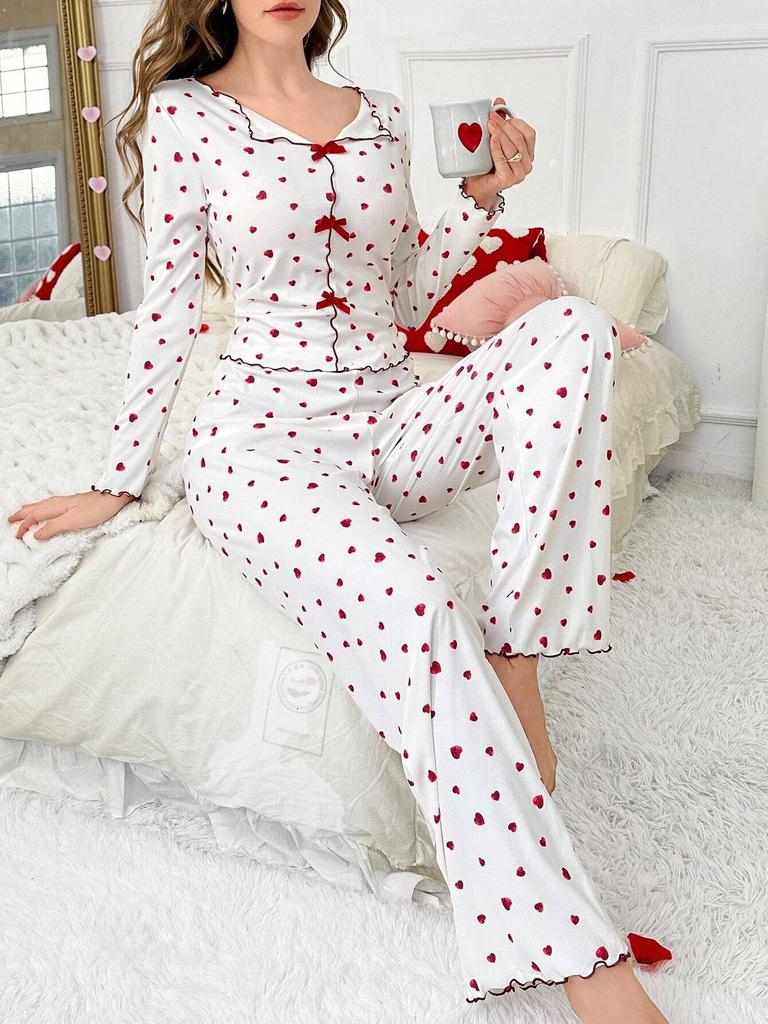 European and American Style Women's Spring and Autumn Heart Print Pajama Set Turn-Down Collar Long Sleeve Top and Long Pants 2 Piece Loungewear