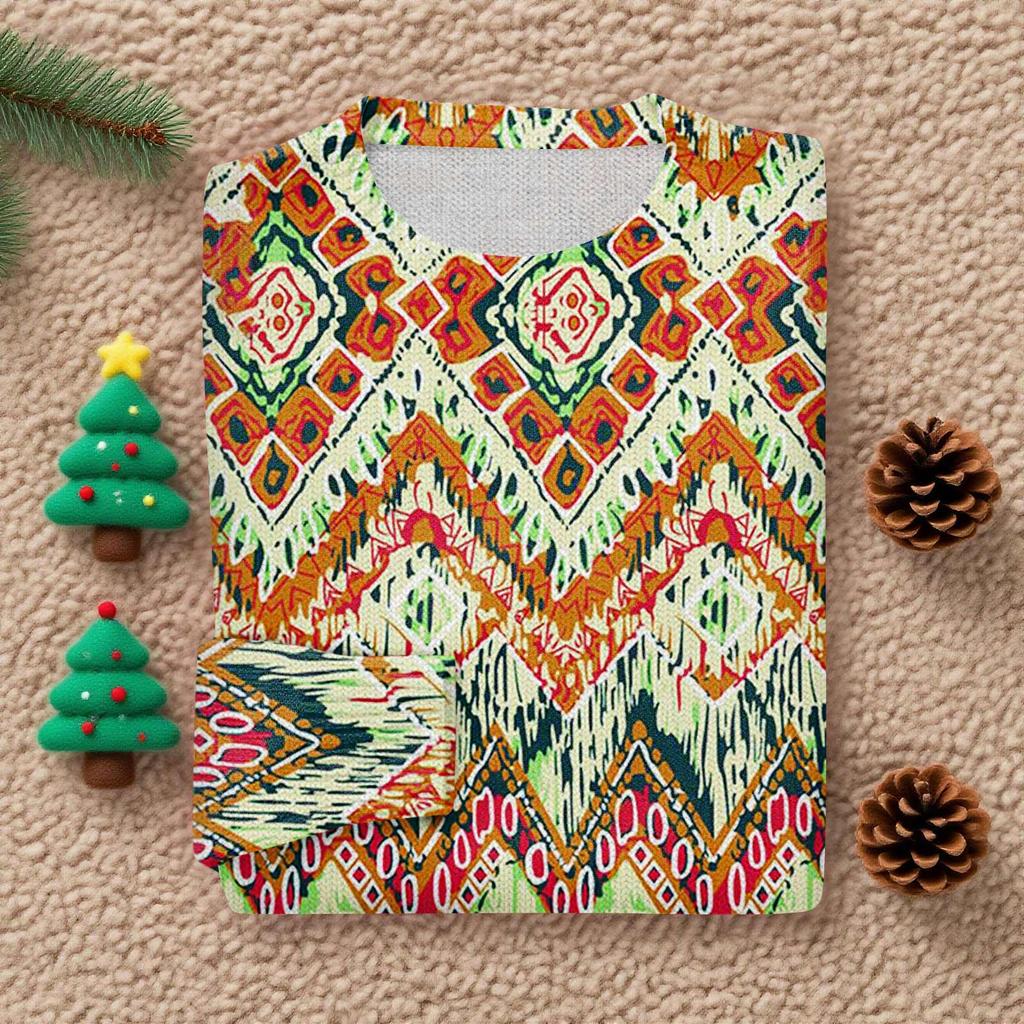 Long Sleeve Pullover Sweaters For Women O Neck Casual Cute Printing Knit Oversized Sweater