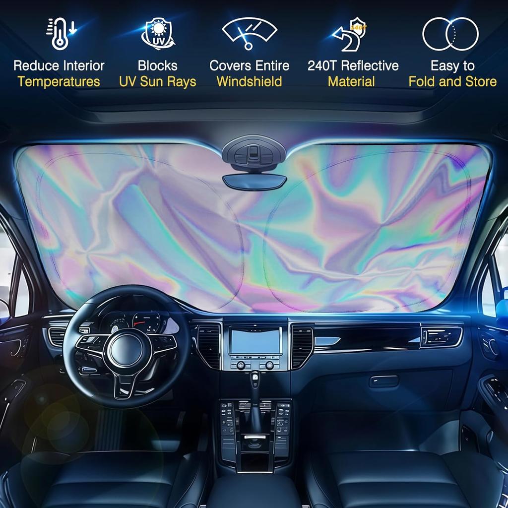 Iridescent Sun Shade for Car Windshield, Foldable Universal Car Windshield Upgrade Sunshade Enhanced UV Rays Reflective Sun Visor Shade Keeps Vehicle