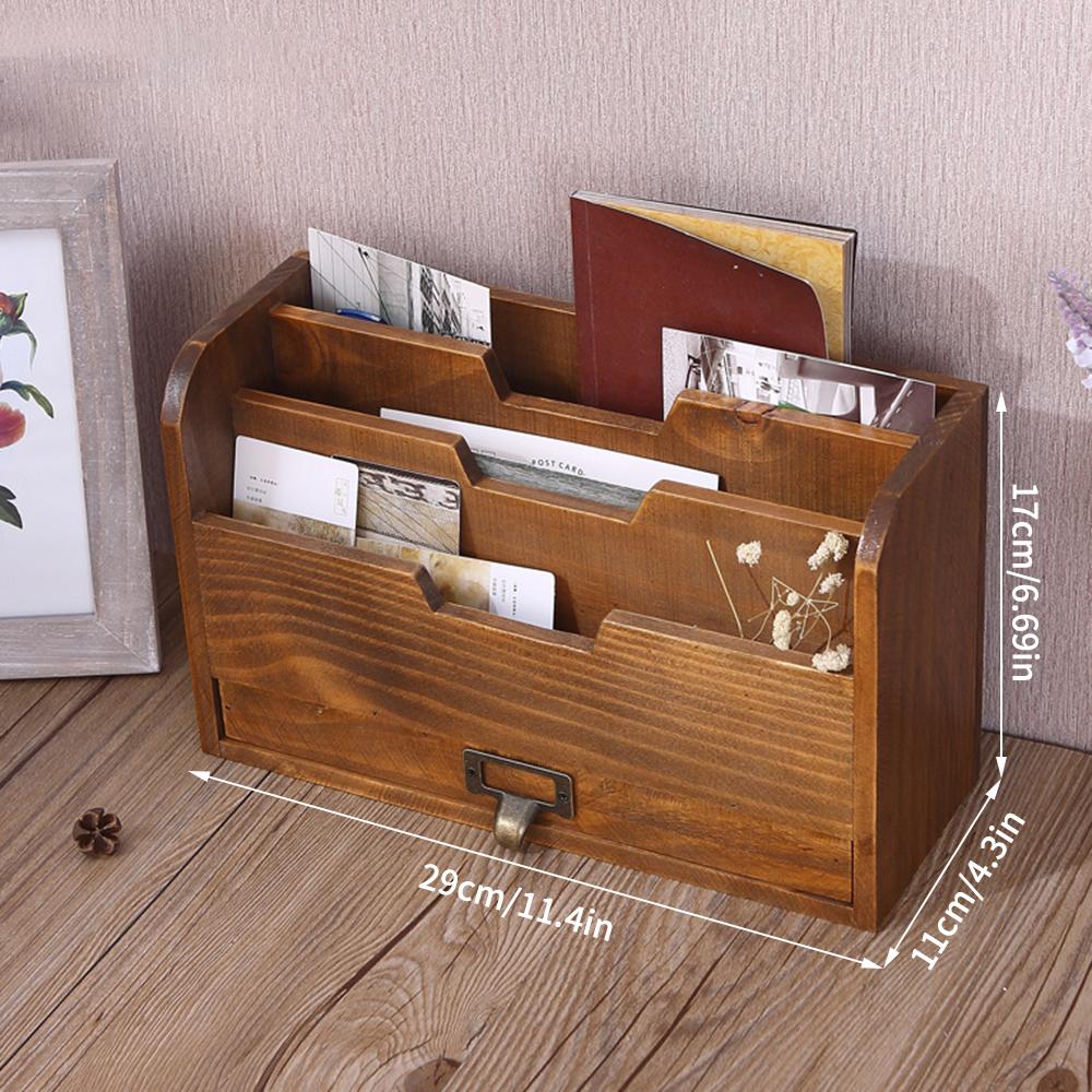 Vintage Light Brown Solid Wood Desktop Storage Box with Drawer Desk Organizer Distinctive Independent Document Souvenir Display