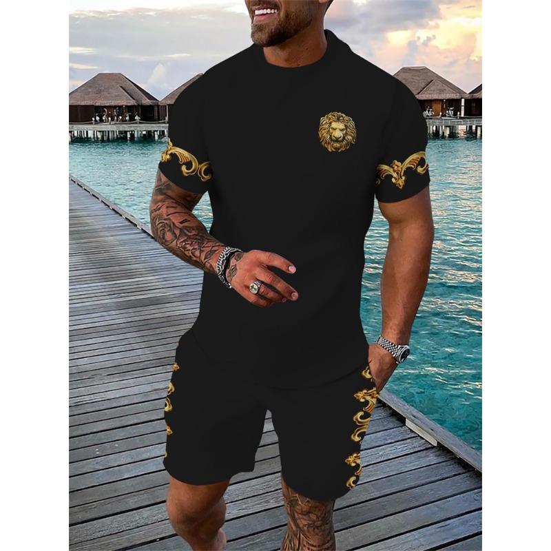 Mens Summer TwoPiece Set Animal Lion 3D Print Crew Neck Short Sleeve T-Shirt & Drawstring Shorts Outdoor