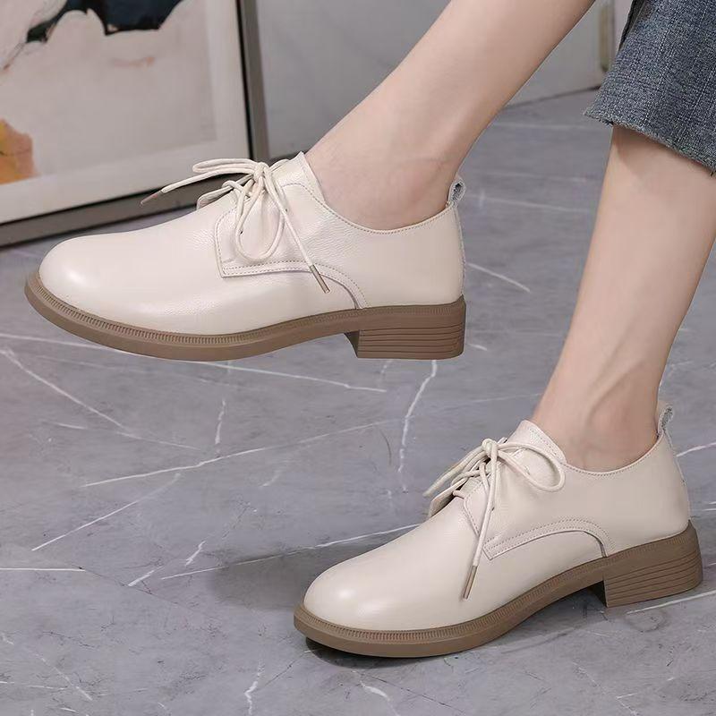 Women Real Leather Low Heel Casual Shoes Spring Autumn New Soft sole Non Slip Round Toe Waterproof Lace Up Lightweight Work Shoe