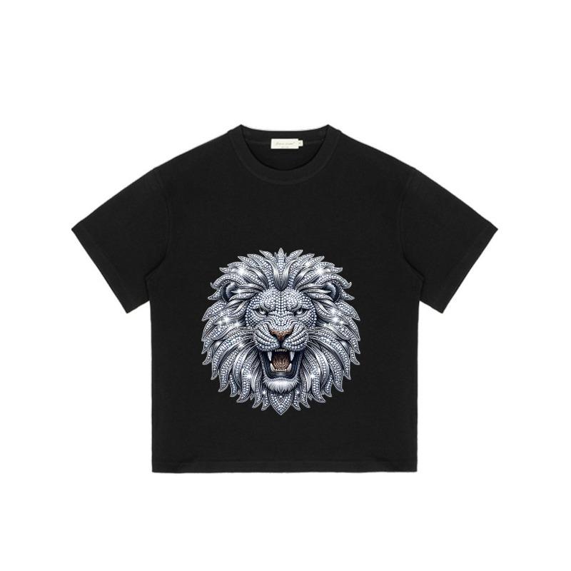 Black T-Shirt with Silver Lion Head Print for Casual Wear