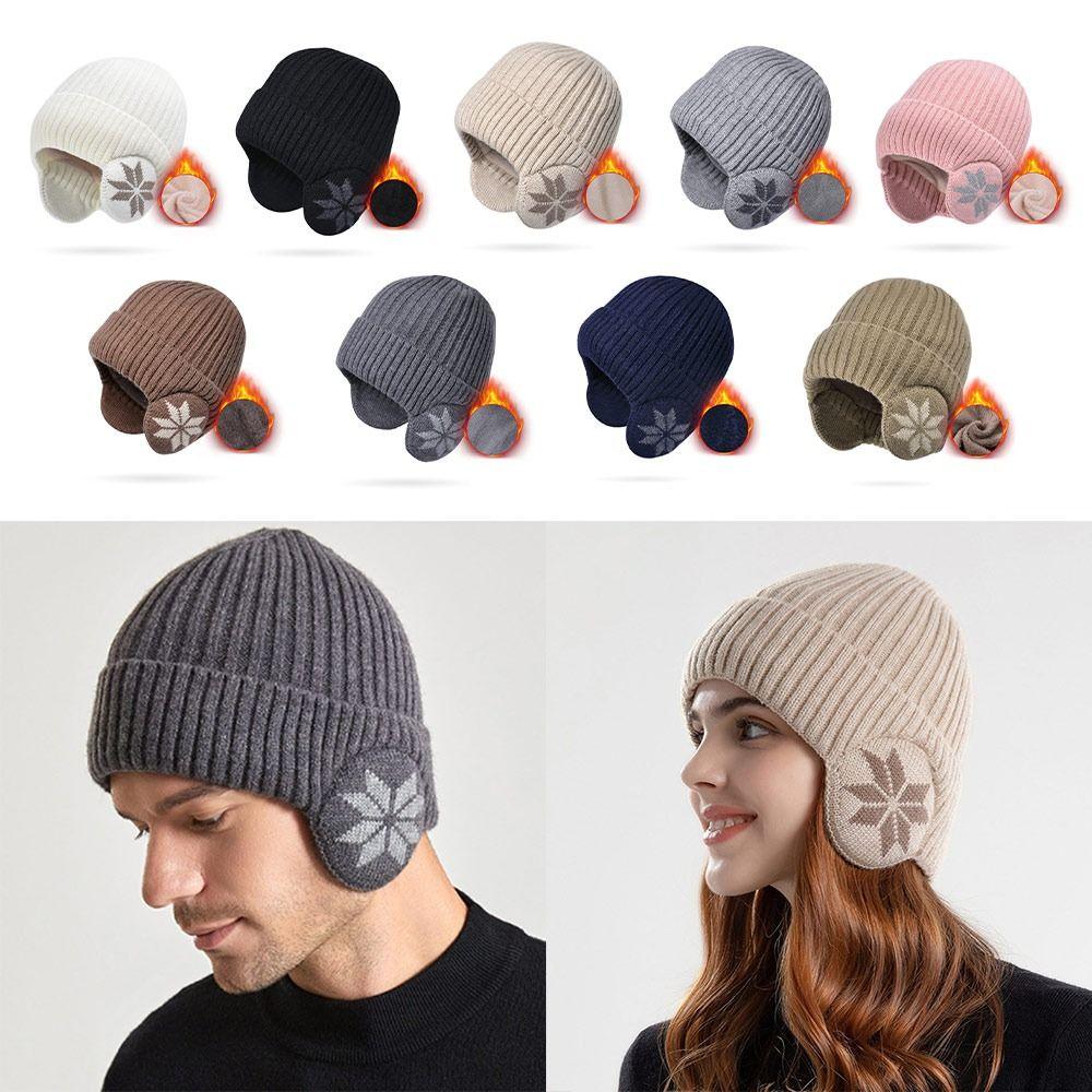 Casual Soft Snowflake Knitted Hat Thickened Keep Warm Winter Plain Hats Windproof Ear Protection Hat Unisex