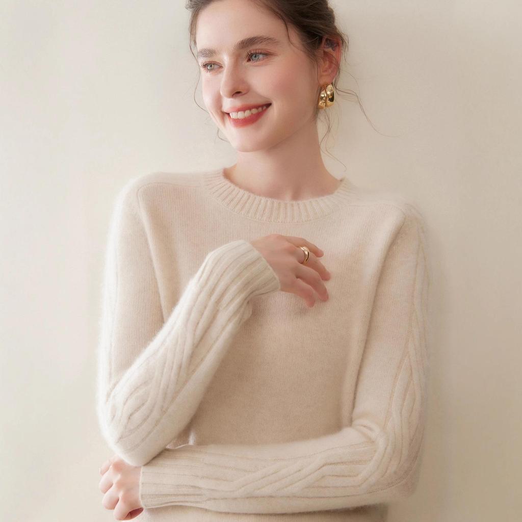 Women's Solid Color Cashmere Knit Pullover Sweater - Round Neck, Loose Fit, Slimming Base Layer for Autumn/Winter