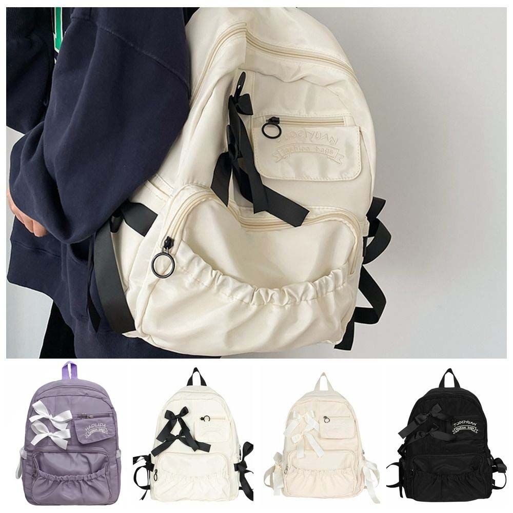 College Style Bow Backpack Large Capacity Canvas Shoulders Bag Cute Students School Bag School