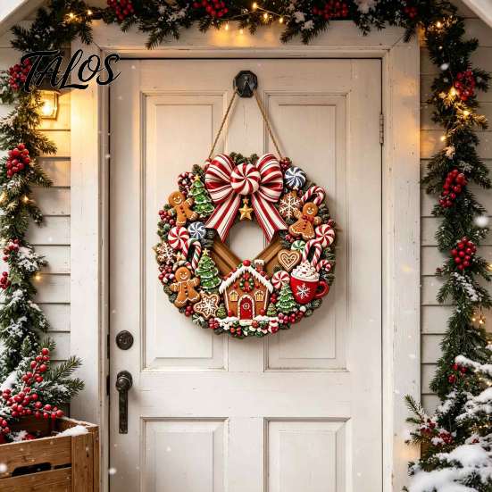 Seasonal Front Door Decor Gingerbread Man Wreath Wooden Sign for Door, Retro Christmas Hanging Plaque with Holiday Porch Decoration Candy Cane Bow And