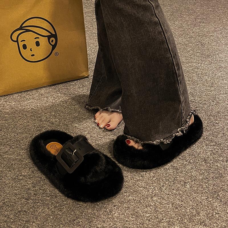 Premium Thick-bottomed Fluffy Slippers for Women To Wear In Autumn and Winter 2025 New French Lazy Korean One-word Cotton Slippers
