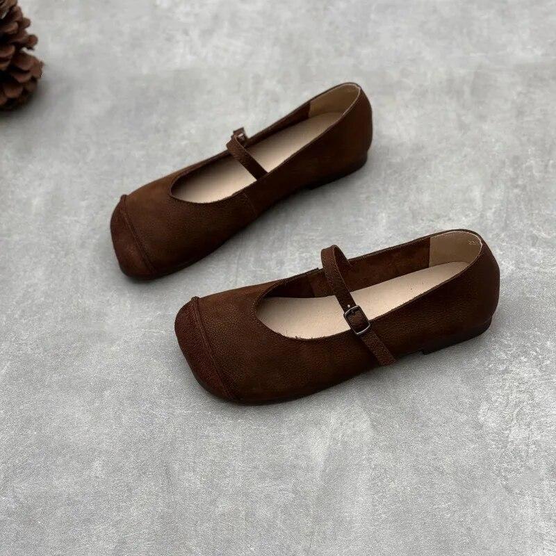 Johnature Echtes Leder quadratische Zehen Schnalle Riemen Frauen flache Schuhe handgefertigte einfarbig weiche Sohle Schuhe