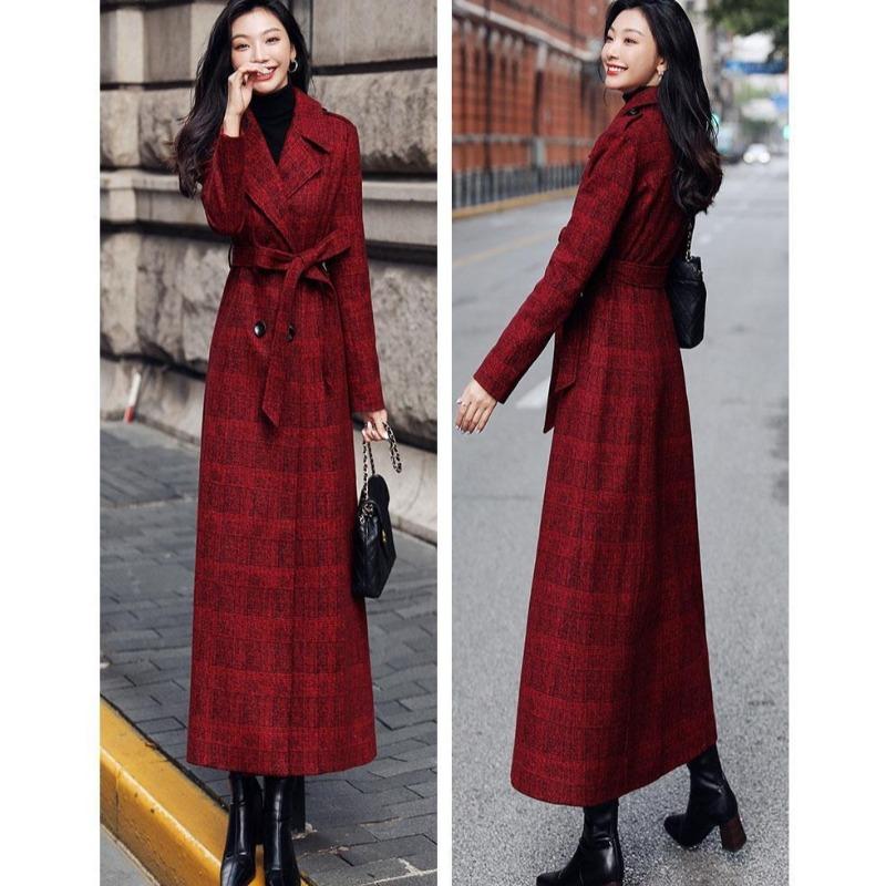 Red Plaid Wool Belted Coat with Notched Lapel Slim Fit Over Knee Simple Elegant Trench Jacket for Women