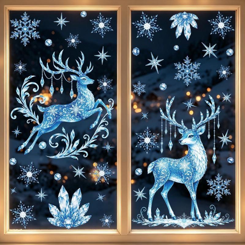 Blue Christmas Window Static Clings With Santa Snowman Reindeer Patterns For Home Xmas Party Decorations